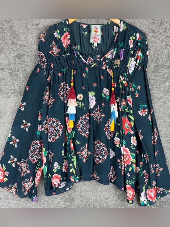 Johnny Was Tops - Johnny Was • Navy Blouse w/ Beaded & Tassel Ties • Medium Long Sleeve Colorful